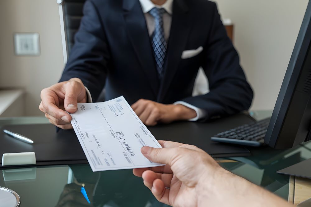 Profissional de RH analisando contracheque impresso na mesa de trabalho, ao lado de computador portátil, demonstrando gestão cuidadosa de folha de pagamento.