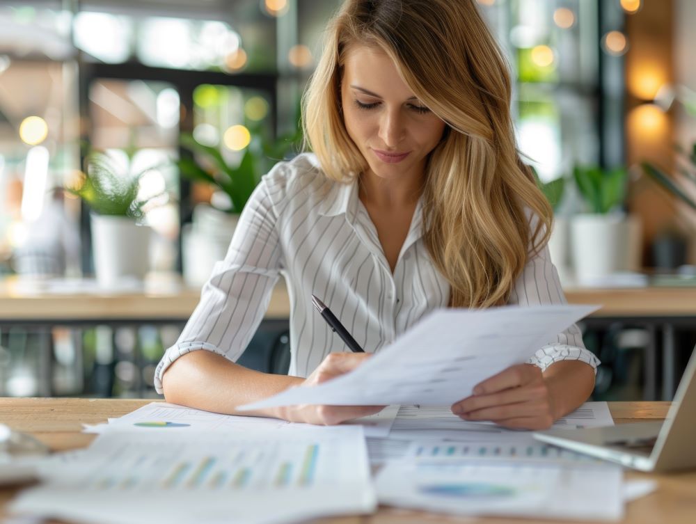Mulher analisando documentos com gráficos em mesa de trabalho, revisando dados do Fator Acidentário de Prevenção.